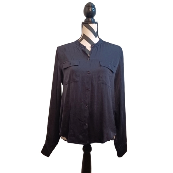 Vince Silk Classic Collar Navy Blue Office Sz M Button Down Front Blouse - Picture 1 of 11